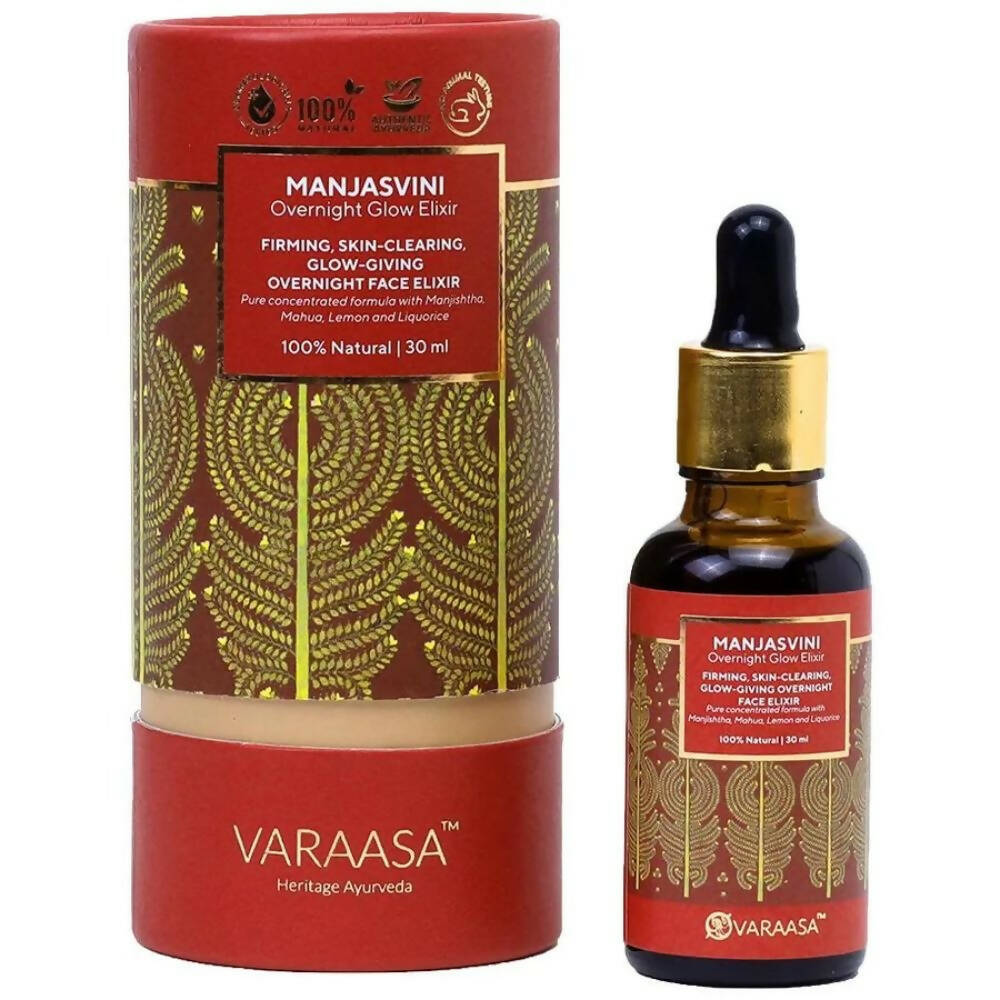Manjasvini Overnight Glow Elixir packaging by Varaasa on a white background