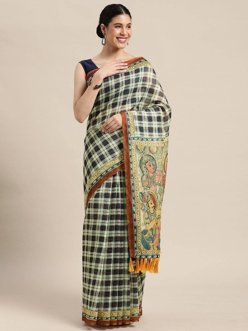 Beautiful Digital Print Kalamakri Design Soft Linen Saree