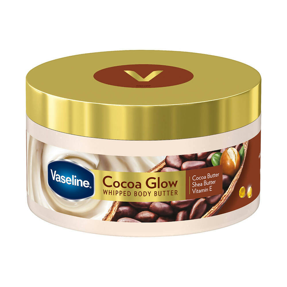 Vaseline Cocoa Glow whipped body butter jar on a white background