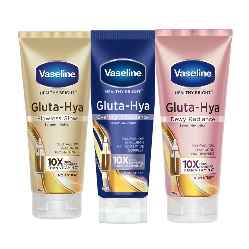 Three tubes of Vaseline Gluta-Hya skincare product on a white background