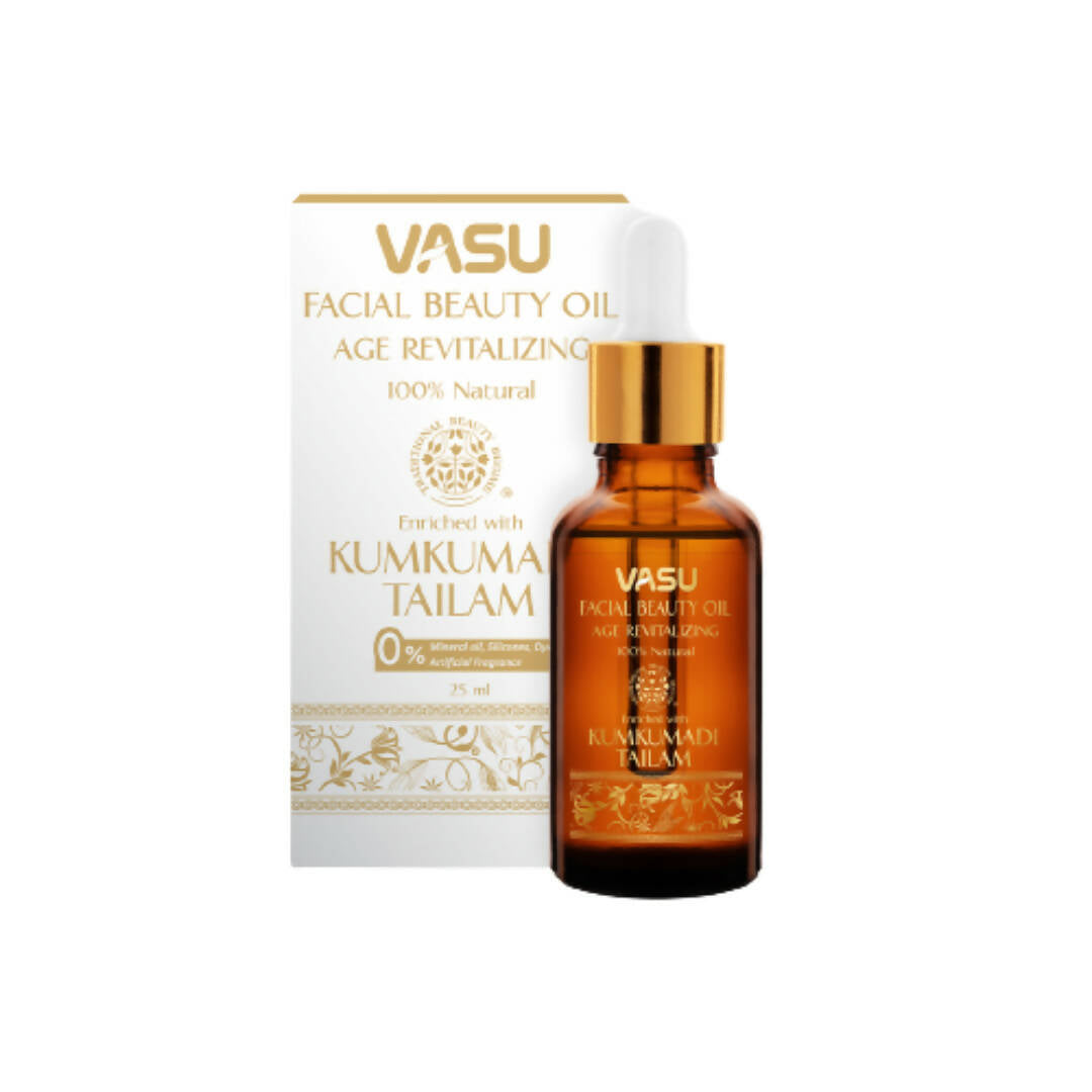 Vasu facial beauty oil bottle and packaging on a white background