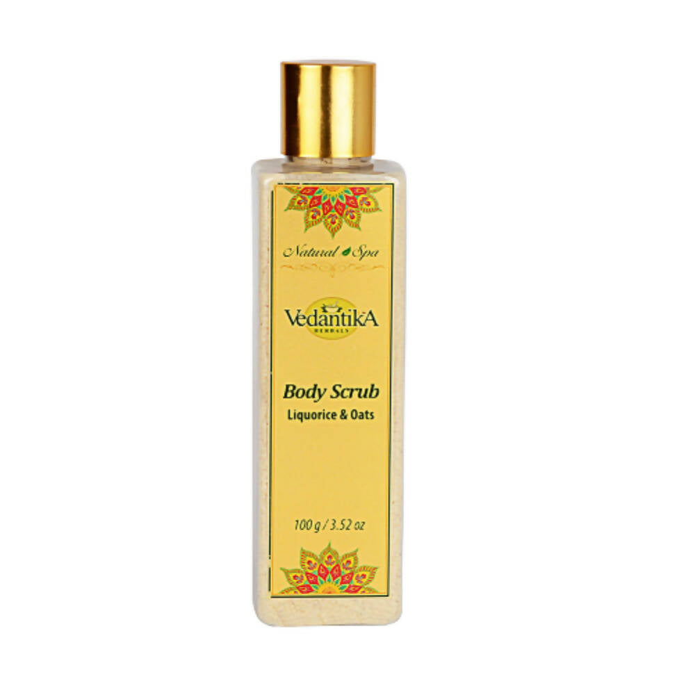 Vedantika body scrub bottle with gold cap on a white background