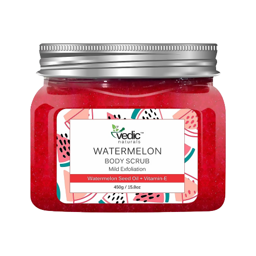 Jar of watermelon body scrub with a visible label on a white background