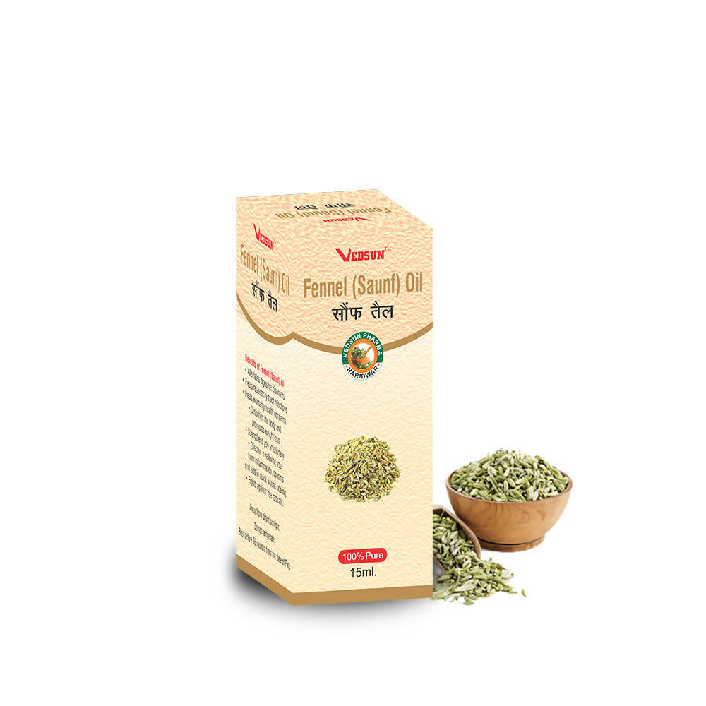 Vessun Fennel (Saunf) Oil packaging with fennel seeds on a white background