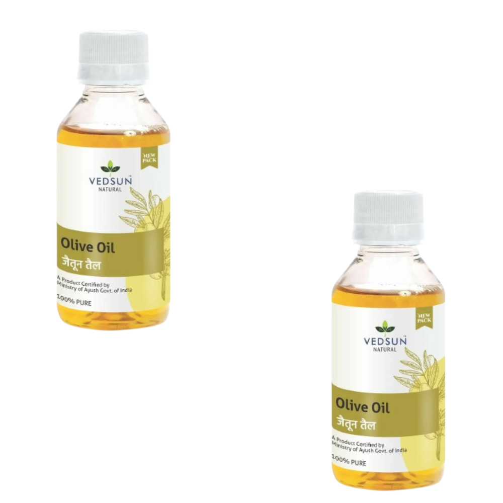 Two bottles of Vedsun Olive Oil on a white background