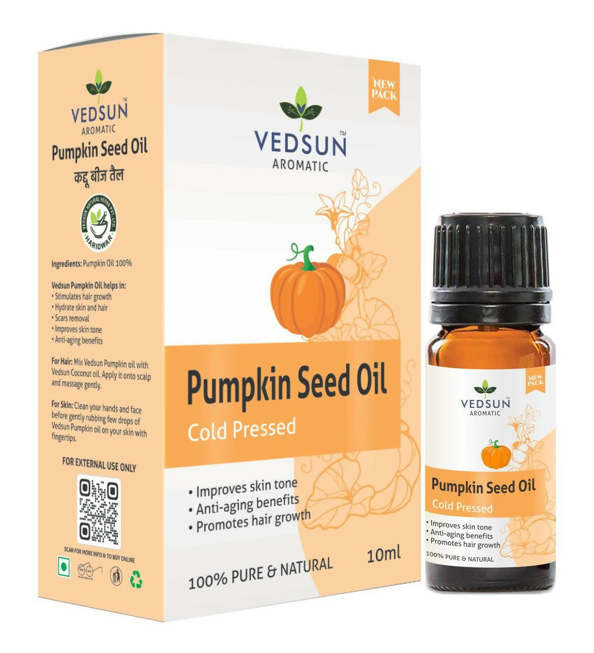Vedsun Aromatic Pumpkin Seed Oil packaging and bottle on a white background