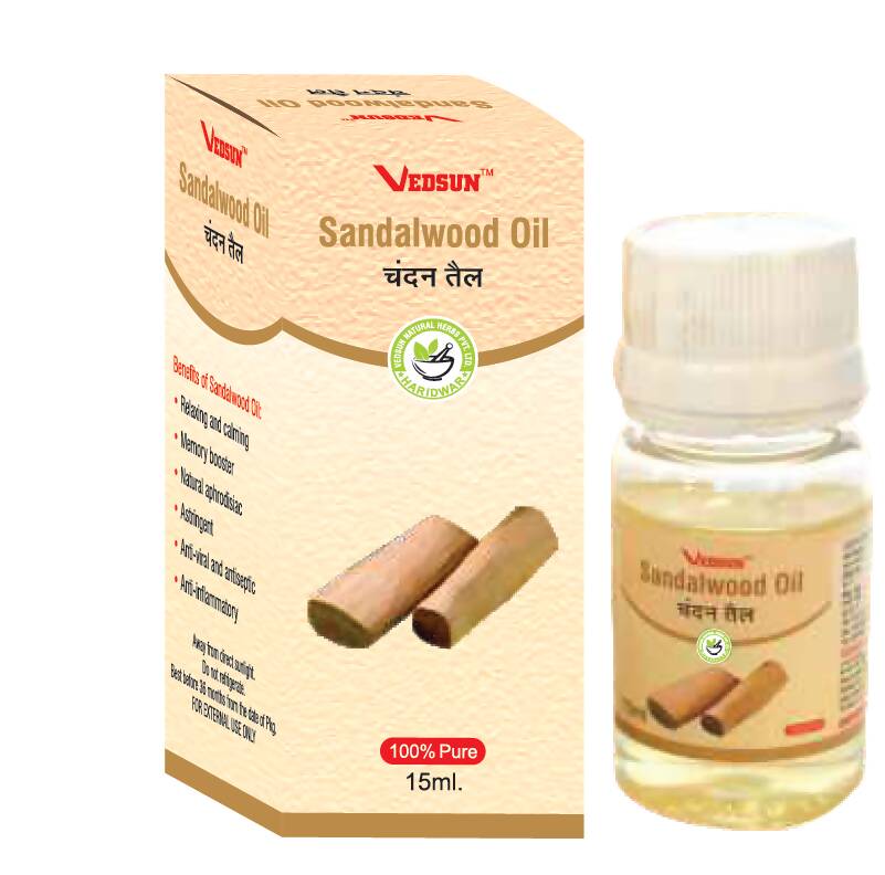 Vedusun Sandalwood Oil packaging and bottle on a white background
