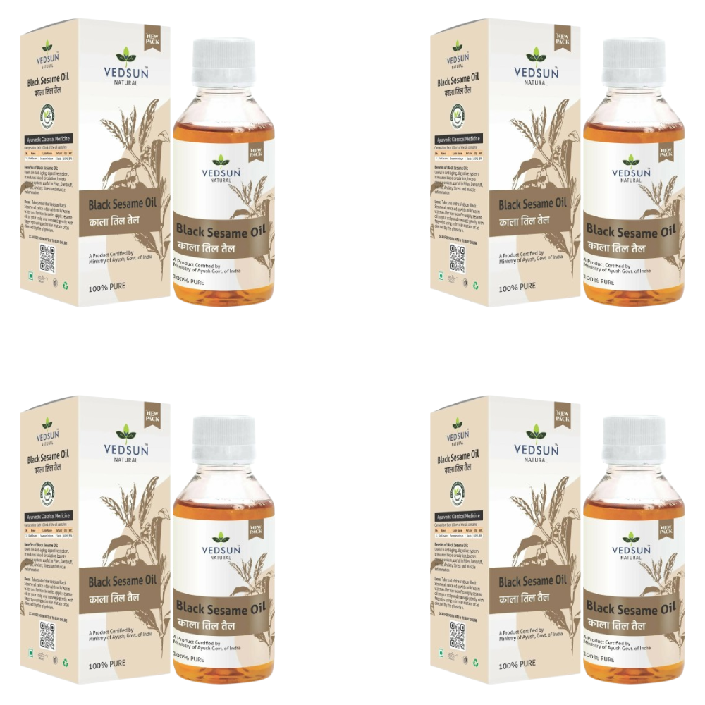 Vedsun Black Sesame Oil bottles and boxes on a white background