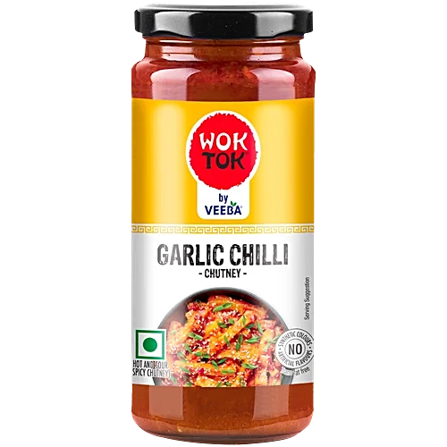 Jar of Wok Tok Garlic Chilli Chutney on a white background