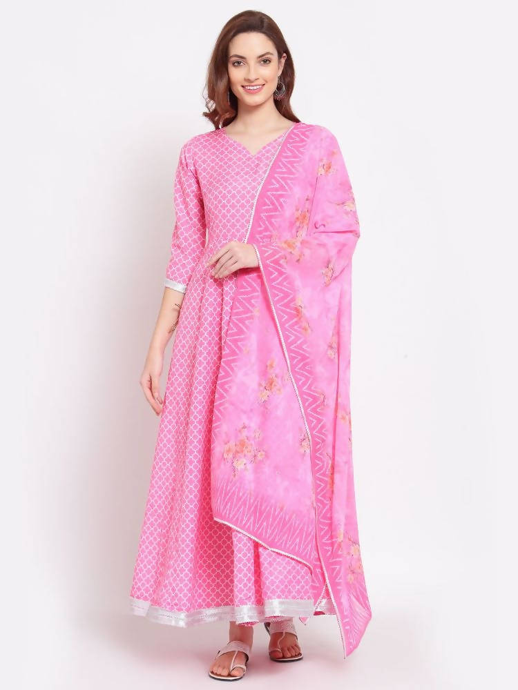 Indian Clothing Myshka Women's Pink Printed Cotton Blend 3/4 Sleeve V Neck Casual Anarkali Kurta Dupatta Set