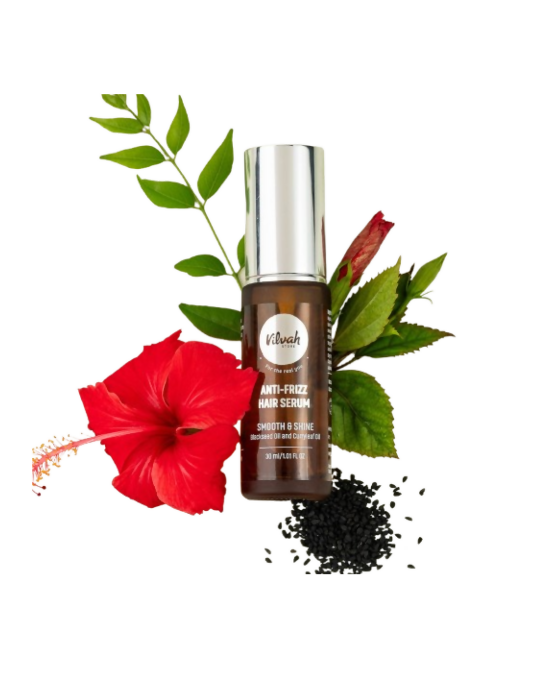 Hair serum bottle with red flower and green leaves on a white background