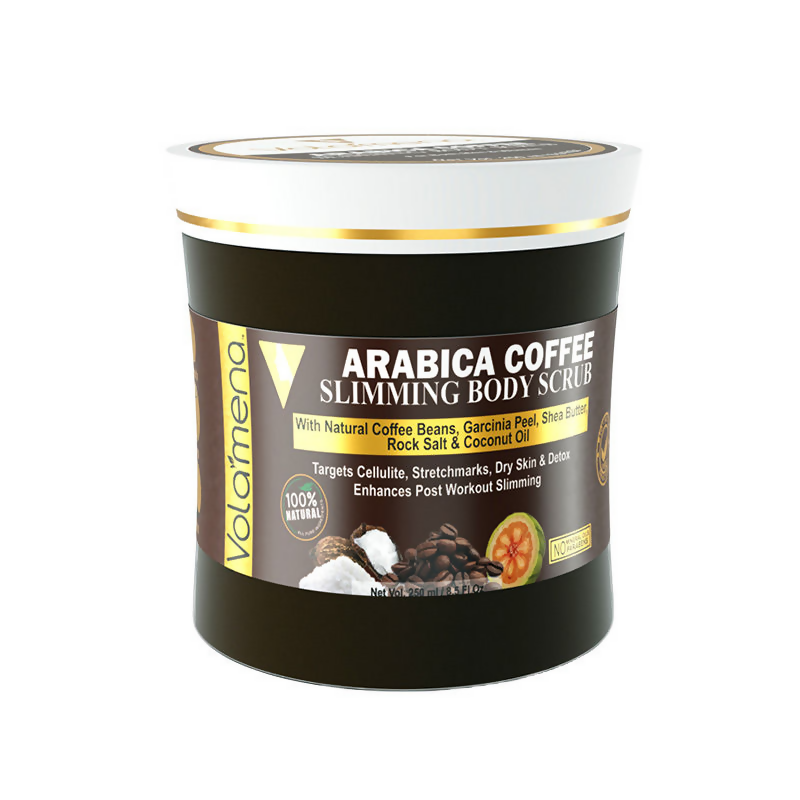 Arabica Coffee Slimming Body Scrub container with Valamena branding on a white background
