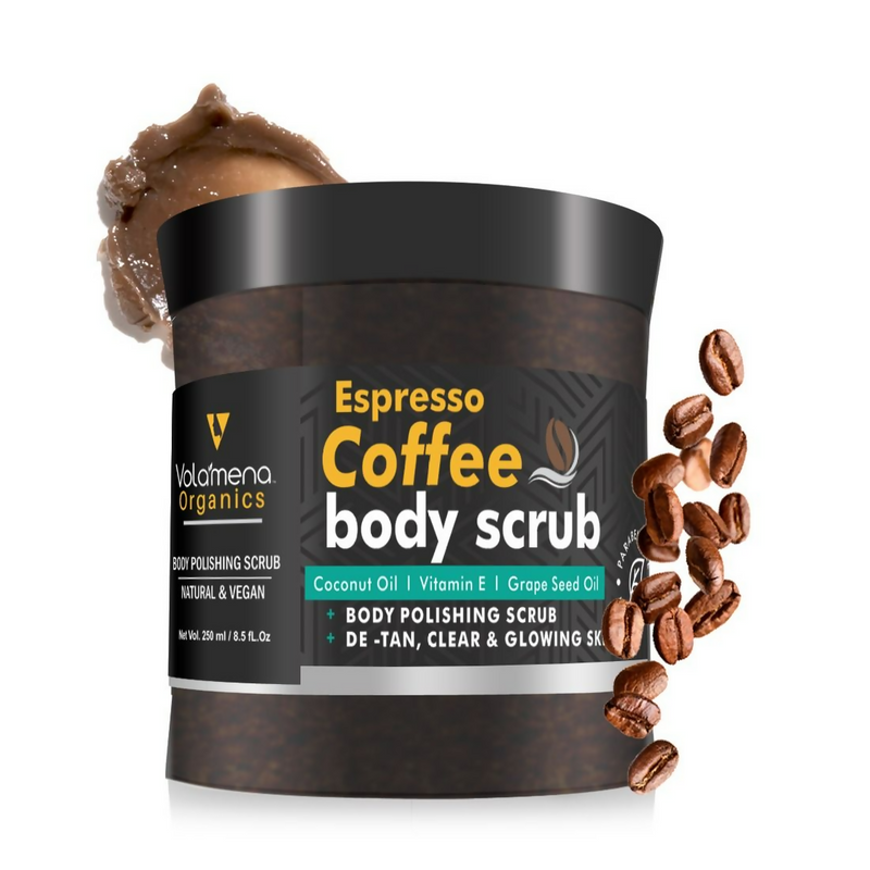 Espresso coffee body scrub container with coffee beans on a white background
