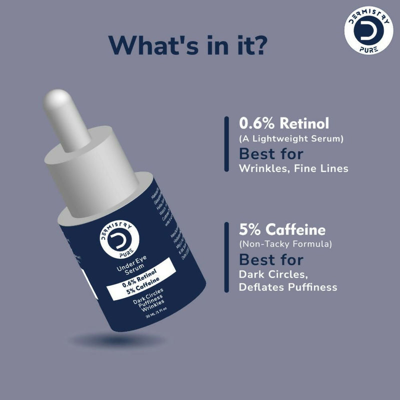 Dermistry Pure 0.6% Retinol 5% Caffeine Under Eye Serum Puffiness Fine Line Wrinkles Puffy Dark Eyes