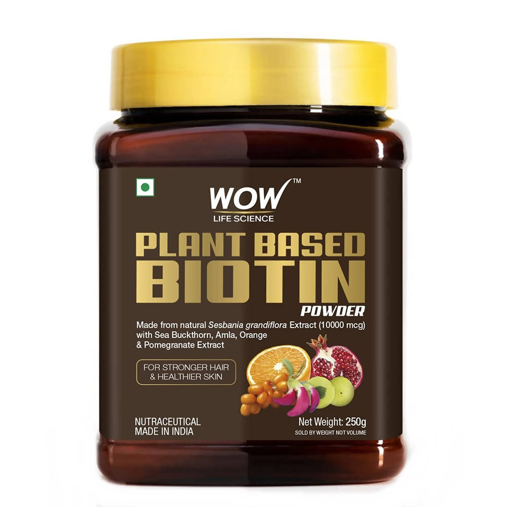 Bottle of WOW Life Science Plant Based Biotin Powder on a white background