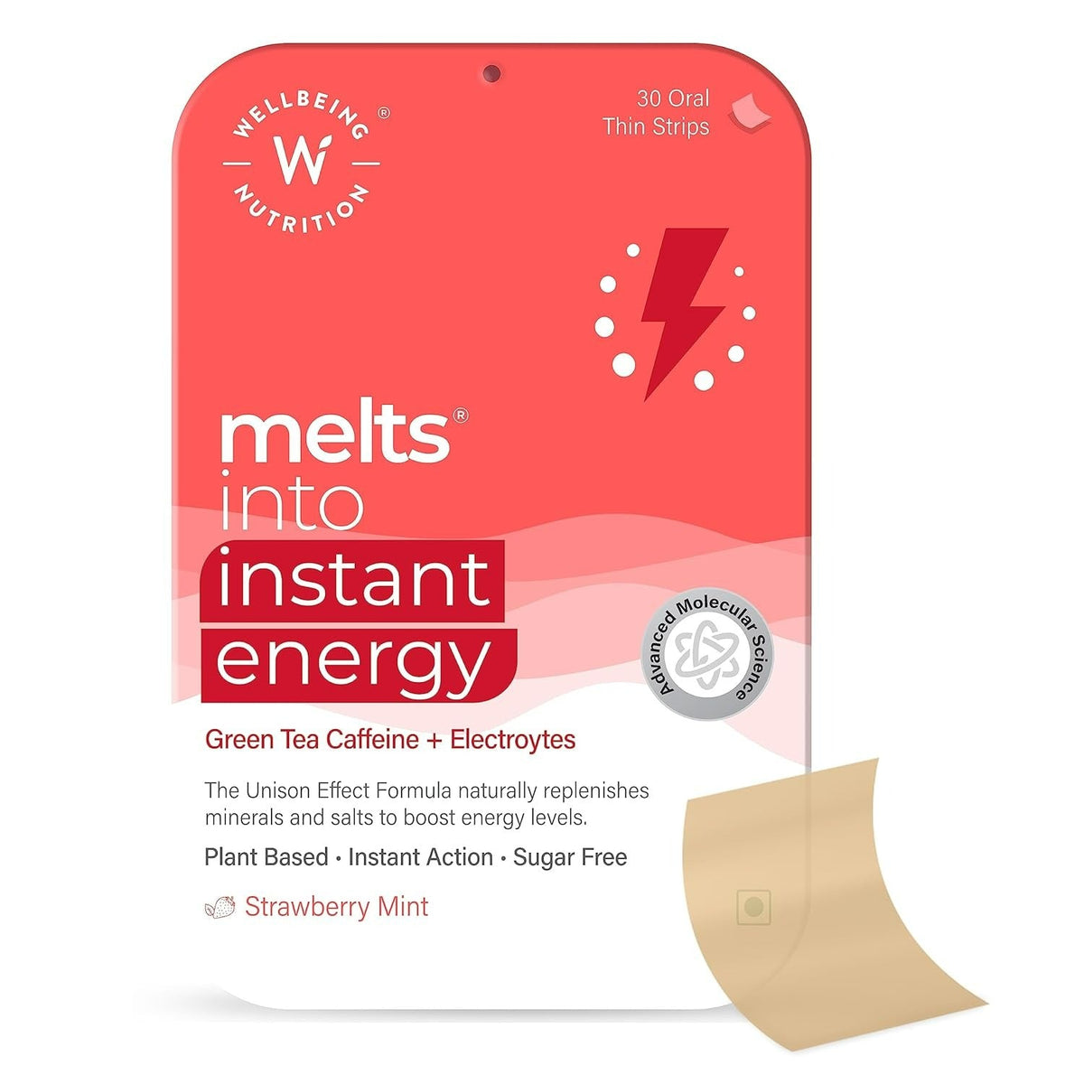 Packaging of Wellbeing Nutrition melts for instant energy with a red background and visible branding.