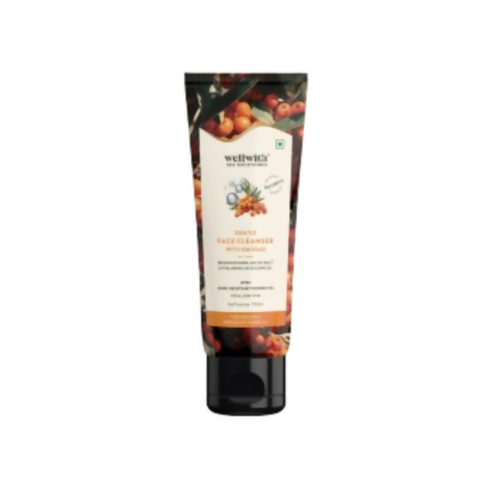 Wellness brand face cleanser tube with natural ingredients on a white background