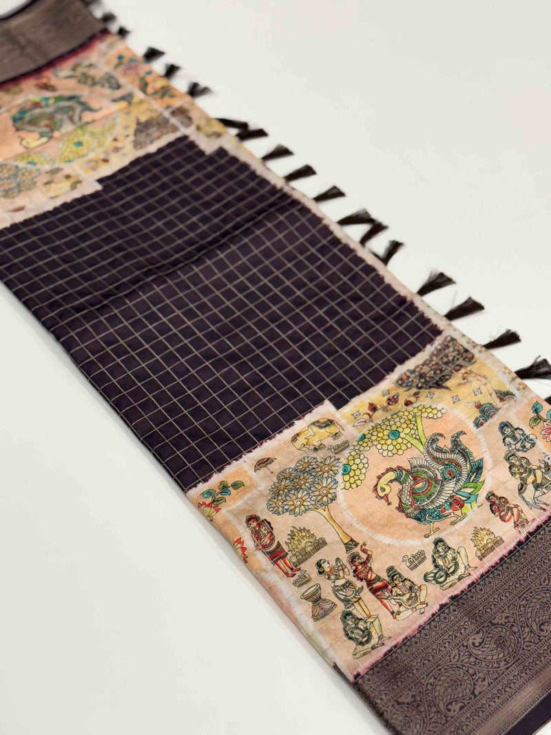 Artisanal Brown Silk Blend Kalamkari Saree