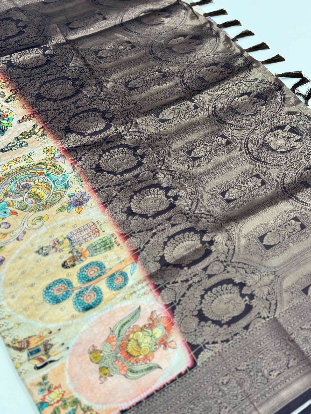 Artisanal Brown Silk Blend Kalamkari Saree