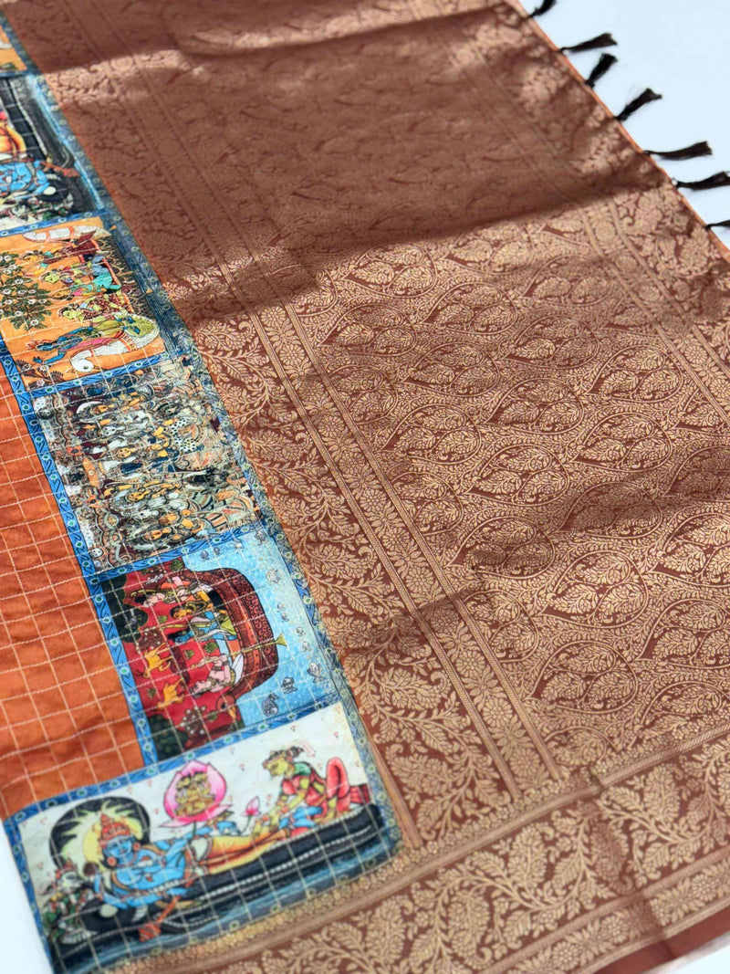 Rust Orange Tussar Silk Kalamkari Checkered Saree