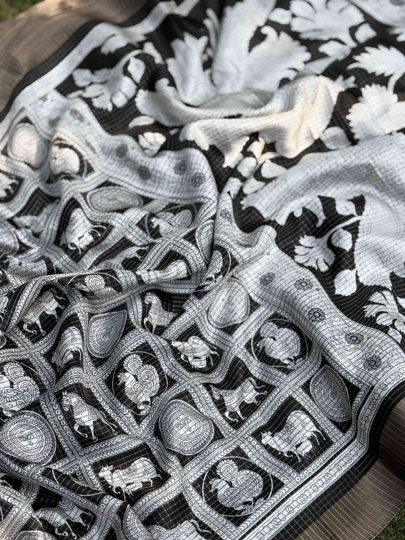 Black Tussar Chex Digital Kalamkari Print Saree