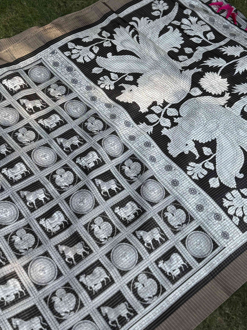 Black Tussar Chex Digital Kalamkari Print Saree
