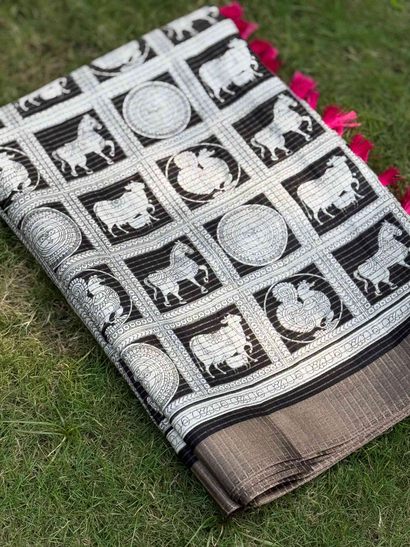 Black Tussar Chex Digital Kalamkari Print Saree