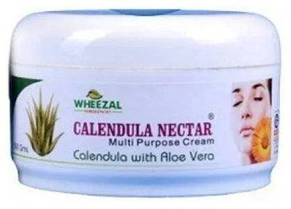 Wheezel Calendula Nectar Multi Purpose Cream jar with aloe vera illustration on a white background