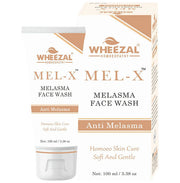 Packaging of Wheezal Mel-X Melasma Face Wash with product information and branding visible.
