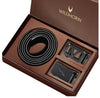 WildHorn Men’s Leather Belt Gift Set | Genuine Leather belt Strap with 2 Interchangeable Buckles (Black & Gold) | Formal & Casual Wear Adjustable Belt | Automatic lock leather belt for men