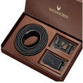 WildHorn Men’s Leather Belt Gift Set | Genuine Leather belt Strap with 2 Interchangeable Buckles (Black & Gold) | Formal & Casual Wear Adjustable Belt | Automatic lock leather belt for men