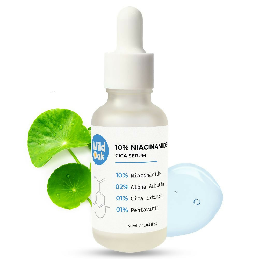 Skincare serum bottle with dropper, green leaf, and blue patch on a white background