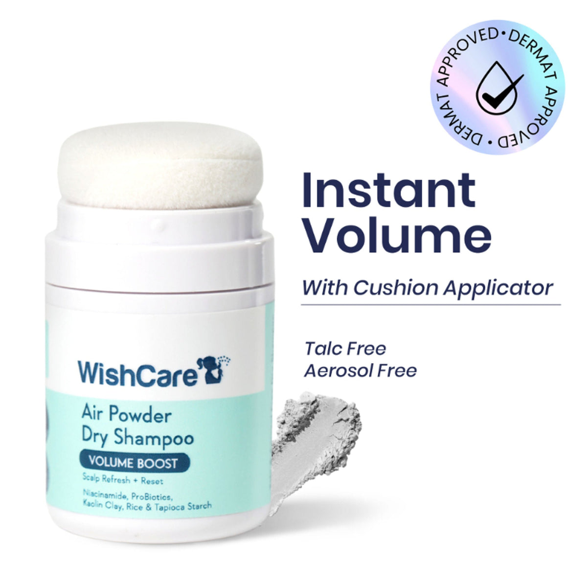 WishCare air powder dry shampoo with cushion applicator on a white background