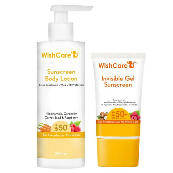WishCare Sunscreen Body Lotion and Invisible Gel Sunscreen on a white background