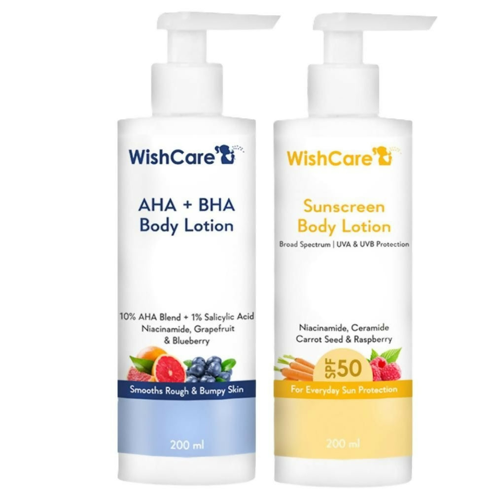 Two bottles of WishCare body lotion on a white background