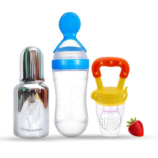 Goodmunchkins Stainless Steel Feeding Bottle, Food Feeder & Fruit Feeder Combo for Baby-(Blue-Yellow, 150ml)