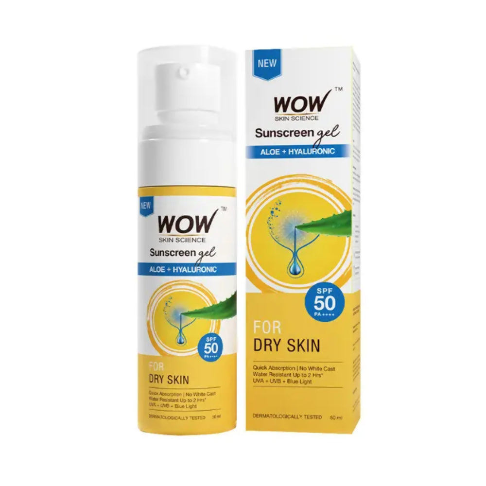 Wow Sunscreen gel for dry skin with packaging on a white background