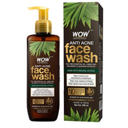 Packaging of Wow Skin Science Anti Acne Face Wash with a pump bottle and a box displaying the product information. The box has green leaves and the text mentions natural active ingredients.