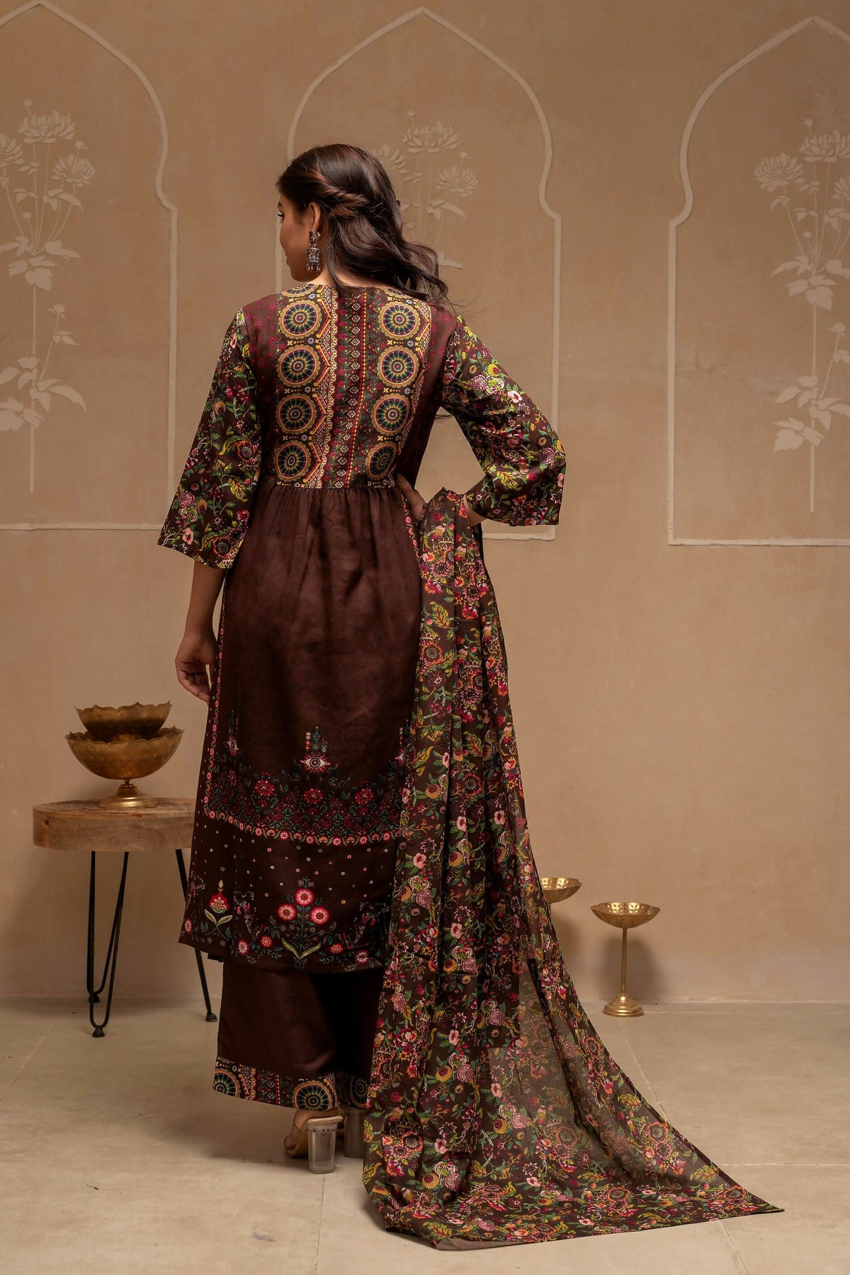 Juniper Brown Floral Viscose Kurta Pant Dupatta Set With Thread Work And Sequence