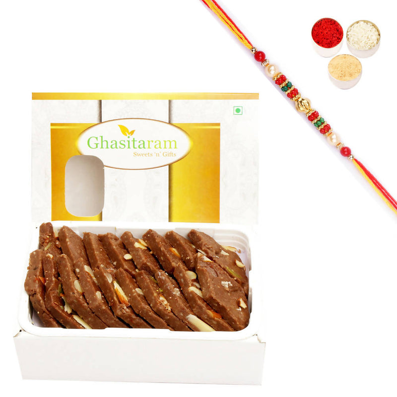 Ghasitaram Chocolate Kaju Katli With Pearl Beads Rakhi