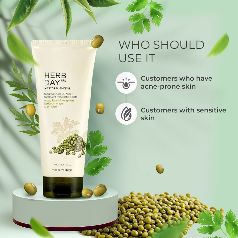 The Face Shop Herb Day 365 Master Blending Foaming Cleanser- Mungbean & Mugwort - Korean Skincare