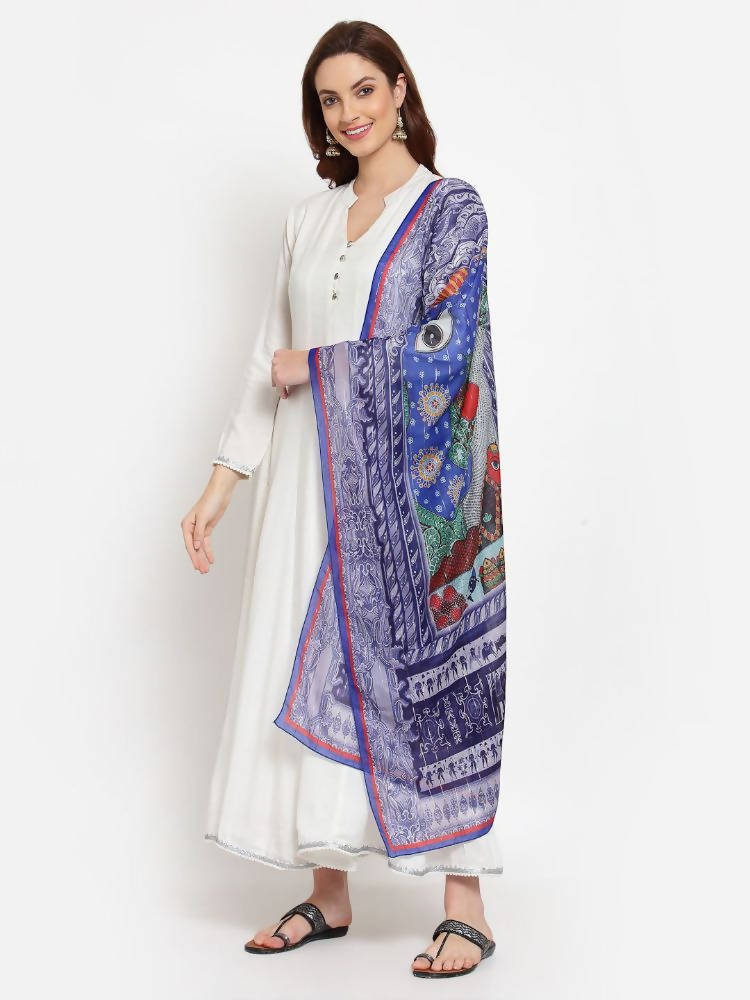 Myshka Women's White Solid Rayon Full Sleeve V Neck Casual Kurta Dupatta Set