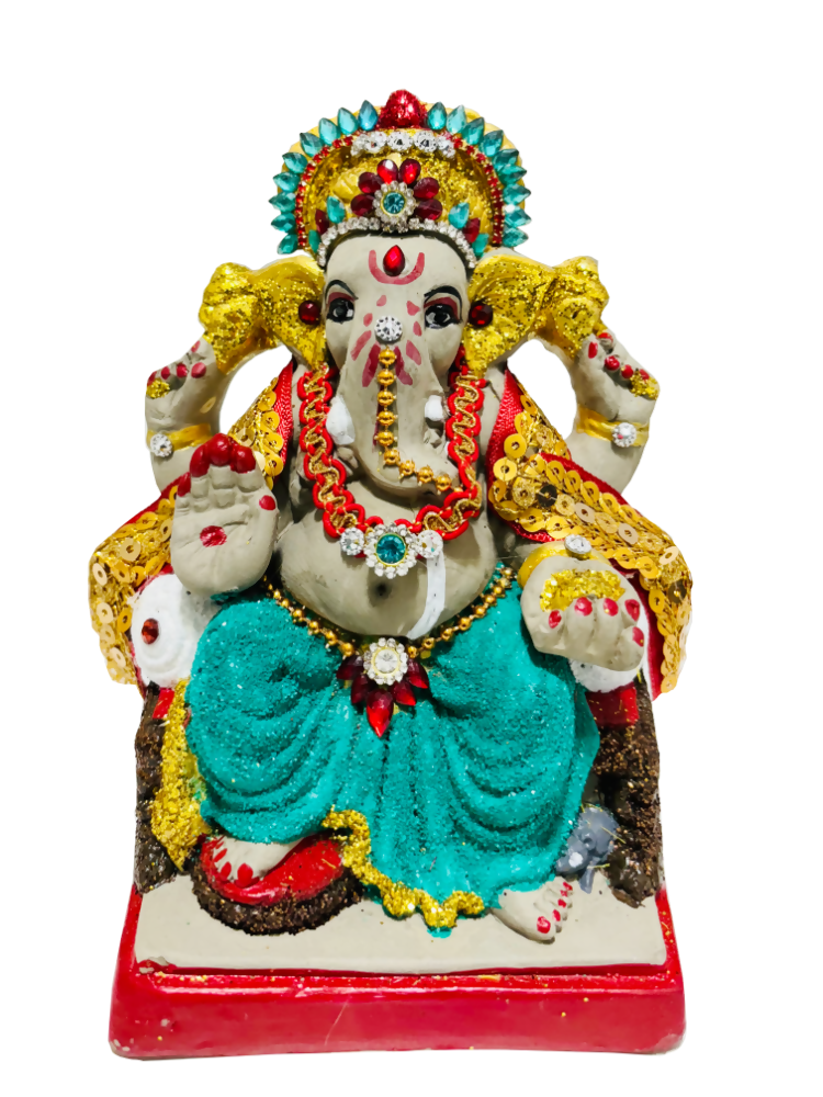 Eco-Friendly Ganesh Idol Small (Non-Toxic Colors) With Kumkum & Akshat - Limited Time Offer