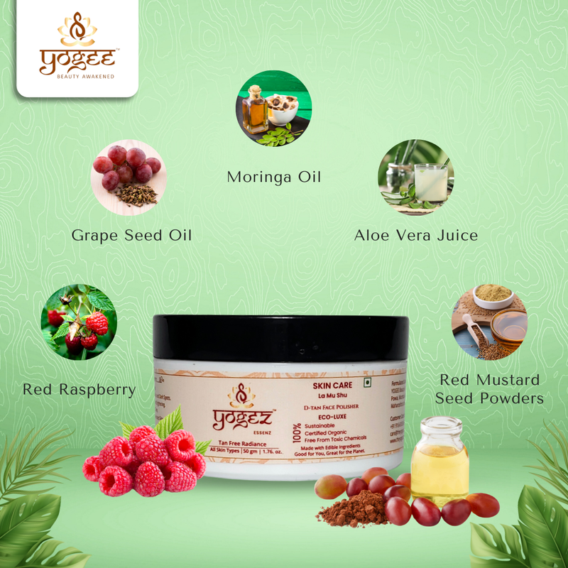 Yogee skincare product with ingredients on a green background