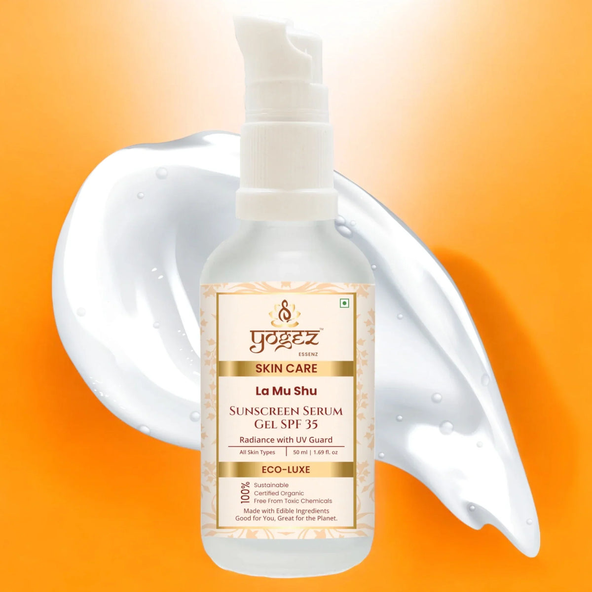 Yogeez sunscreen serum gel bottle with pump on an orange background