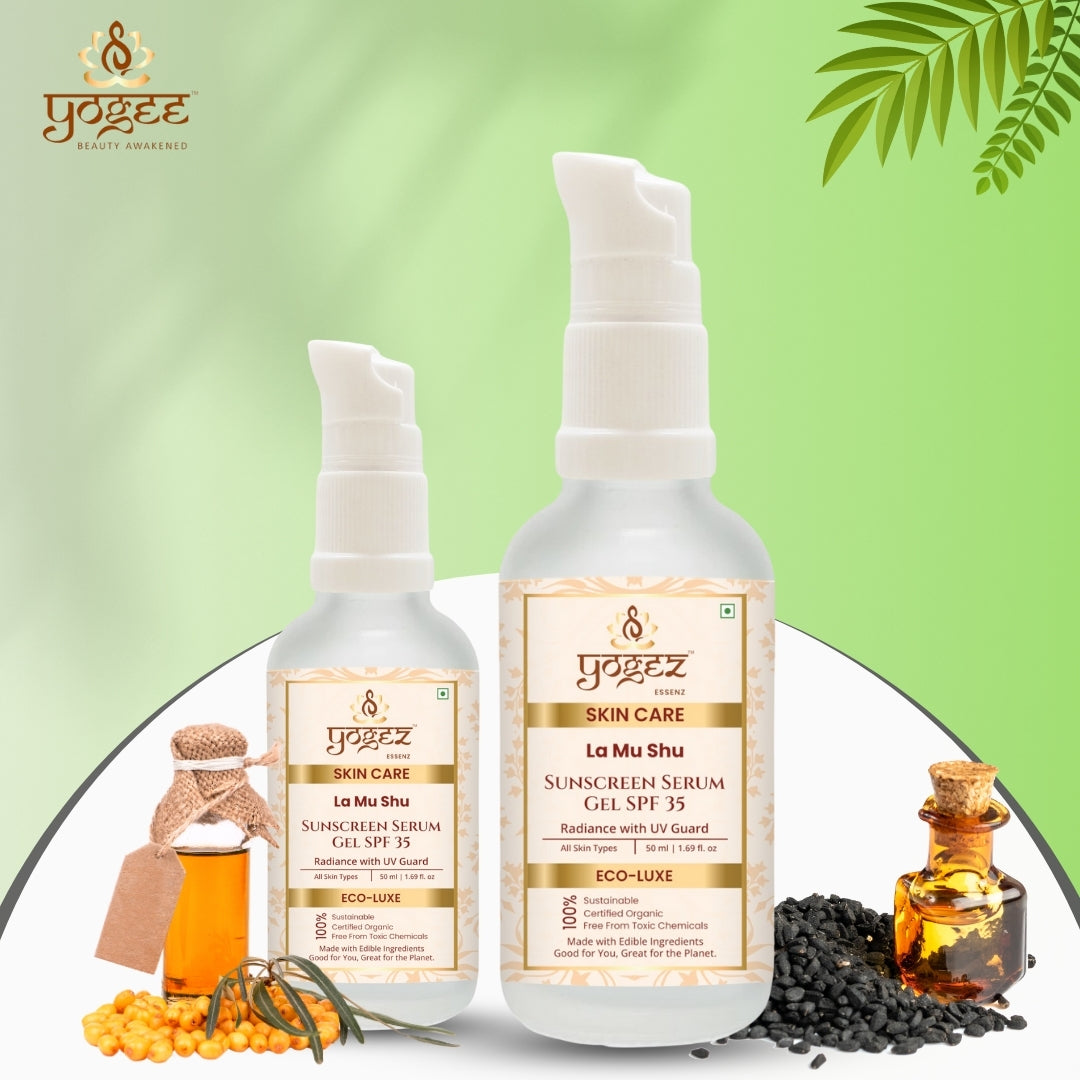 Two bottles of 'yogee' skincare serum on a green background with leaves.