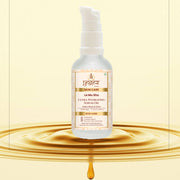 Skincare serum oil bottle with droplet effect on a beige background