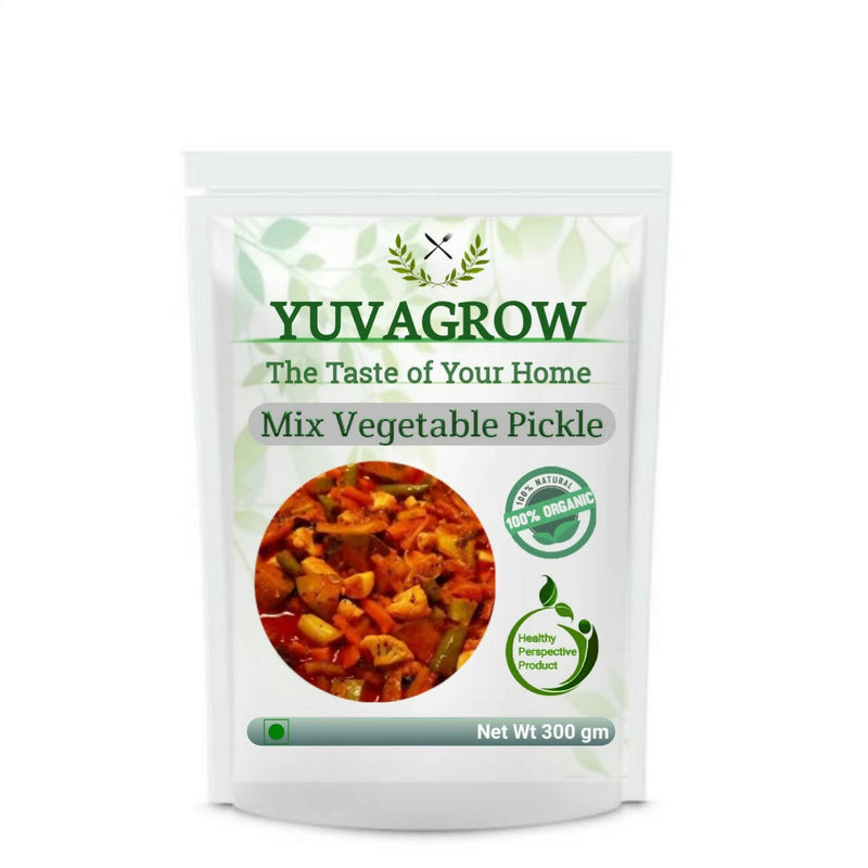 Yuvagrow Mix Vegetable Pickle packaging on a white background