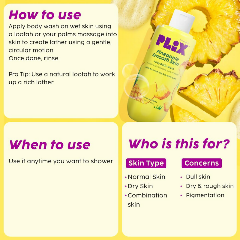 PLIX The Plant Fix Pineapple 5% Lactic Acid Body Wash Exfoliates Dry, Rough & Strawberry Skin