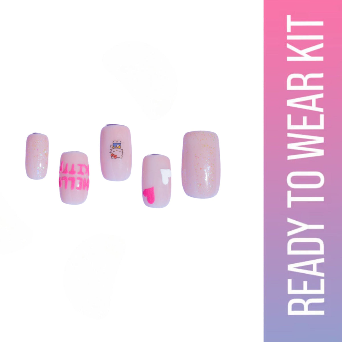 Set of pink and white nails with text on a white background